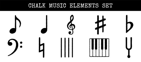Set of hand-drawn chalk-style music symbols including notes, clefs, sharp, flat, staff lines, piano keys, and tuning fork. Music education and creative arts concept.
