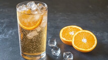 Fizzy Orange Soda in Tall Glass with Ice and Fresh Oranges
