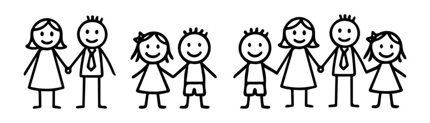 Set of stick figure family illustrations with parents and children holding hands. Simple black line drawing style. Family, parenting, and childhood concept.