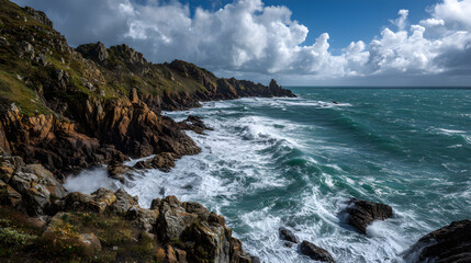 Obraz premium Wild Cliffside Dance: Nature's Unyielding Battleground Between Land and Sea