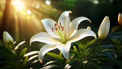 white lily flower sunlit lush foliage