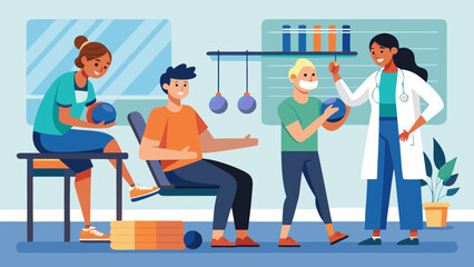 Vector art of a group of patients engage in physical therapy exercises with the guidance of a therapist to improve their physical health