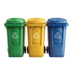 Colorful Recycling Bins on White Background, Vibrant Plastic Recycling Bins in Row PNG