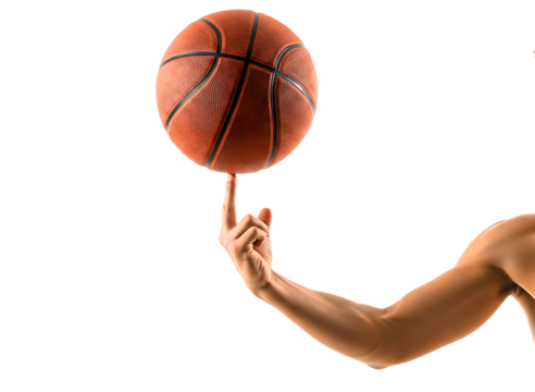 Human hand balancing a basketball on a fingertip isolated on transparent background
