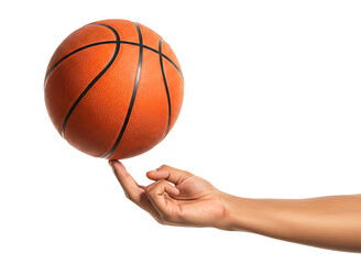 Fototapeta premium Human hand balancing a basketball on a fingertip isolated on transparent background