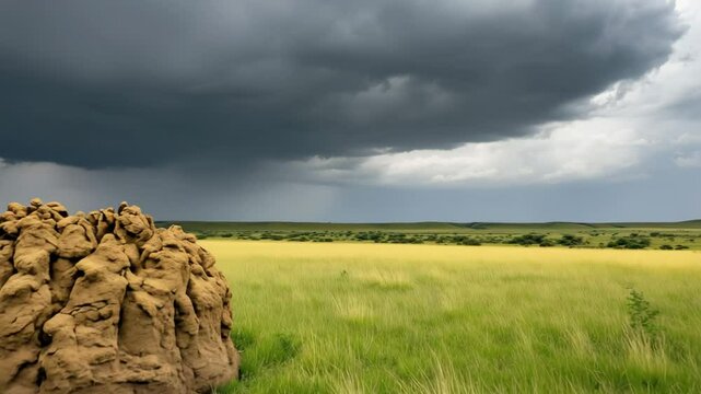 A close view of a termite mound stands in the grassland as dark storm clouds gather overhead in the late afternoon of a rural area