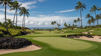 Sunny day on a tropical golf course fairway with the putting green in the distance surrounded by palm trees and sand traps, lava rock, blue pacific ocean, and blue sky and white clouds in background S