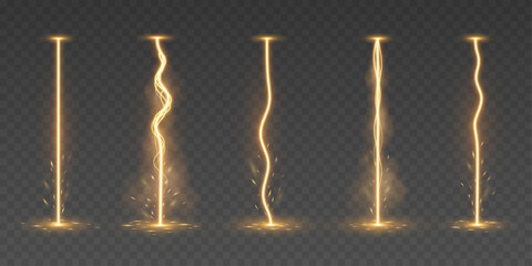 Set of golden vertical energy lightning bolts with glowing and sparkling effects. Realistic magic electric beams for video games, VFX, futuristic or fantasy themes. Vector illustration. © sersupervector