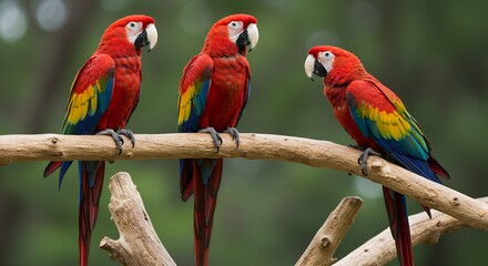 Obraz premium Three Scarlet Macaws Perched on a Branch, Vibrant Tropical Birds in a Natural Setting