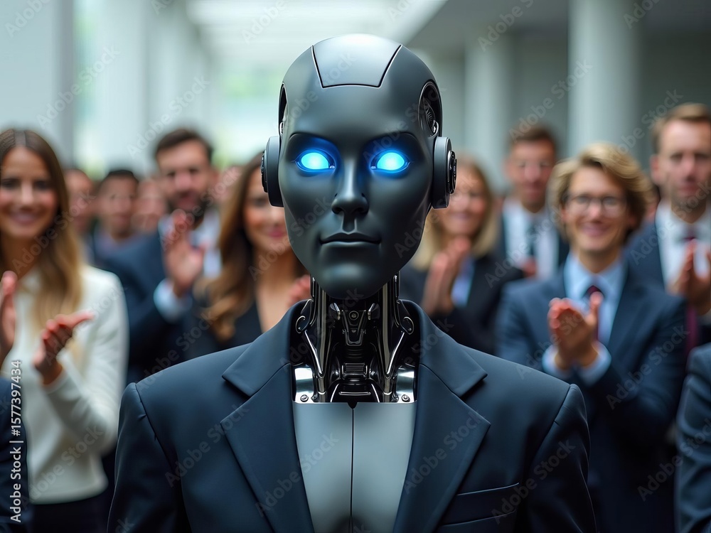 Poster artificial intelligence integration in corporate workplaces symbolized by robot in suit with applaud