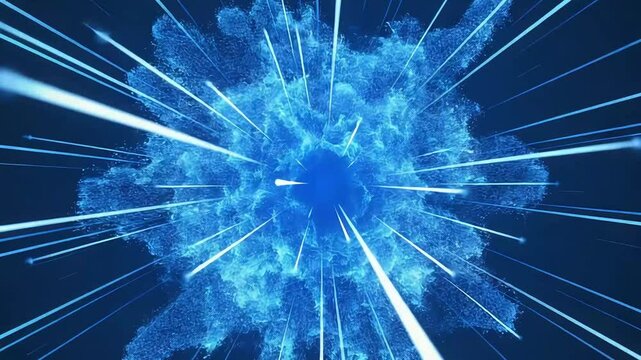 Abstract blue explosion with radiating light beams on a dark background, representing energy