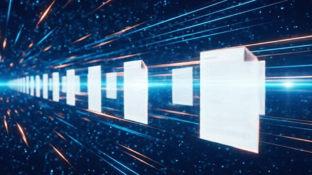 A stream of digital documents flows through a futuristic network, representing aipowered data processing and analysis