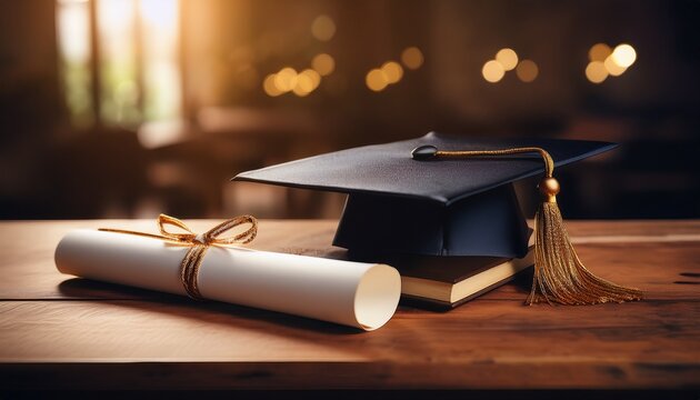 graduation cap with tassel resting on diploma paper on wooden desk - Powered by Adobe