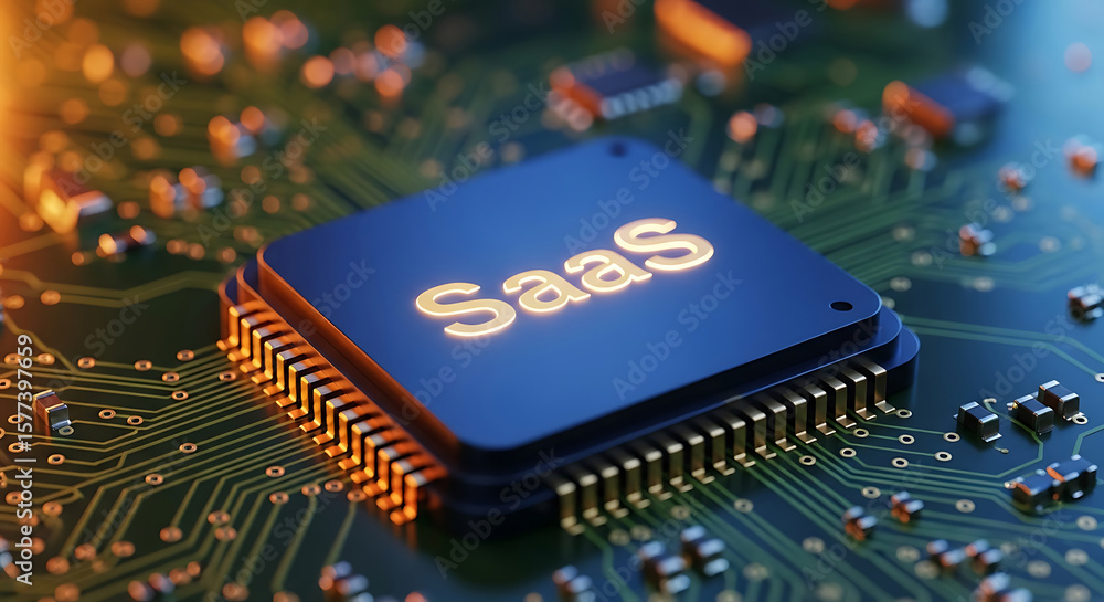 Poster saas software as a service concept depicted on computer circuit board close up