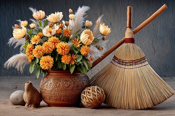Decorative straw broom beside garden basket high resolution photo