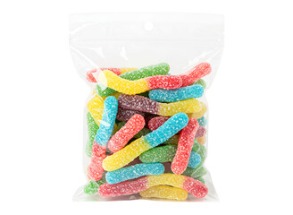 bags of colorful sour gummy worms candy isolated on transparent background