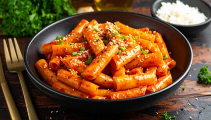 Tteokbokki or Topokki, stir fried rice cake stick. 