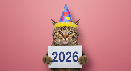 Adorable feline wearing a vibrant party hat presents a sign indicating the arrival of the year