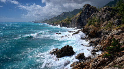 Obraz premium Wild Cliffside Dance: Nature's Unyielding Battleground Between Land and Sea