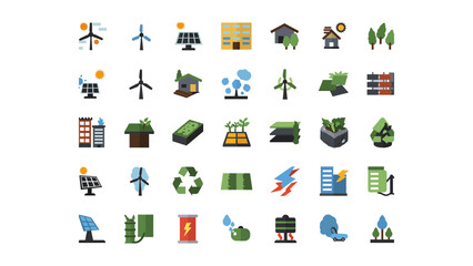 Naklejka premium A comprehensive set of flat design icons illustrating the concept of green energy, sustainability, and renewable resources. Includes symbols for solar, wind, and eco-friendly technology.