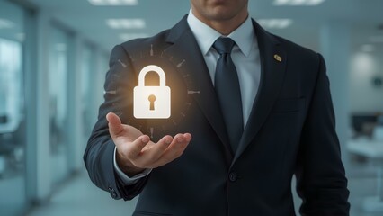 Business Person Holding Floating Digital Lock