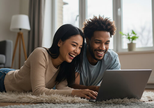 young happy multiracial couple smiling and looking at laptop screen indoor. cozy home, lifestyle, modern living, technology, online browsing, family shopping