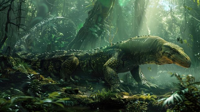 giant monitor lizard, powerful tail, magical animal, jungle, deviantart masterpiece, magic fantasy