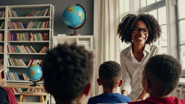 Enthusiastic teacher engaging with a group of young students, fostering a positive learning environment in a brightly lit classroom with a globe and bookshelf - Powered by Adobe