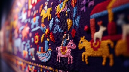 Vibrant Folk Art Celebration: Animals and Nature in Local Tradition at Golden Hour with Motion Blur, Medium Shot and Dramatic Composition