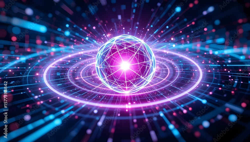 Poster a glowing sphere with a geometric pattern surrounded by rings and light trails in a dark space