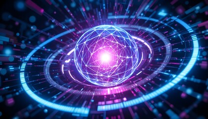 Fototapeta premium Glowing sphere with network connections surrounded by rings in a futuristic abstract scene