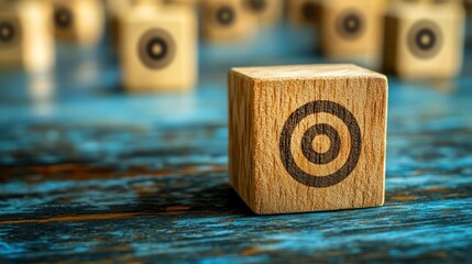 A wooden block with a target icon linked to human icons representing customer focus groups and data exchange for customer service