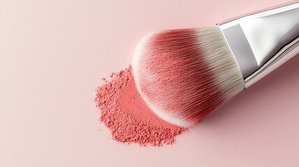 Professional makeup brush applying pink and powder on a pink background, creating a delicate blush vibrant look