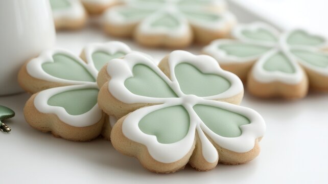 Freshly and four leaf clover shaped cookies with green baked white icing are ready for st. Patrick's day celebration