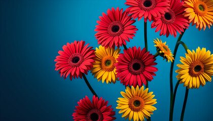 Vibrant gerbera daisies arranged geometrically against a bold blue background with dramatic contrast.