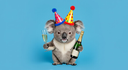 Festive koala celebrating with champagne and party hats against a blue backdrop