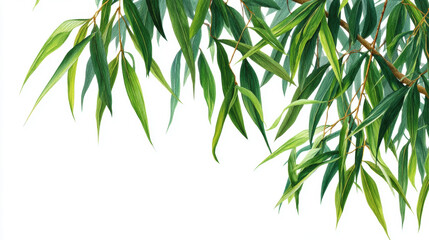 Naklejka premium Bamboo Leaves, A minimalist watercolor painting of narrow, elegant green bamboo leaves hanging down on a white background, nature wallpaper. Watercolor illustration background.