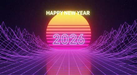 Retro new year 2026 greeting with neon landscape and sunset design backdrop
