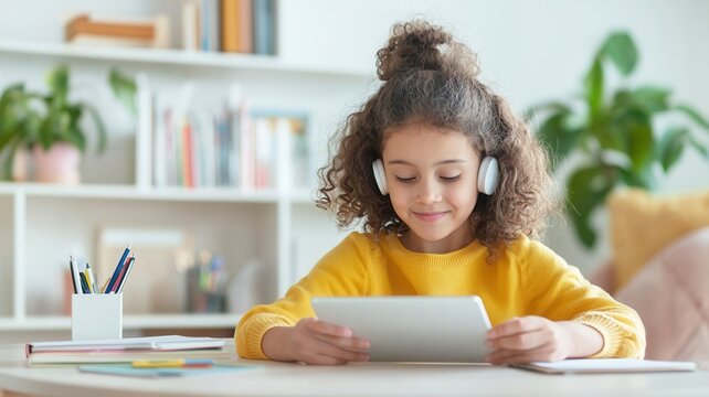 Happy elementary children's student enjoying school education, using tablet and headphones at home, sitting at desk in online room