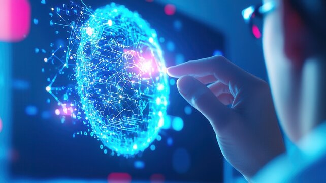 Hand reaching out to and interactive holographic digital earth with data connections, symbolizing global communication touch technological advancement