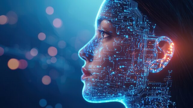 Digital circuits merging with female portrait, visualizing ai technology, neural networks processing data flow surrounding human features