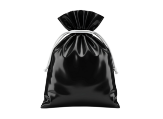 Shiny black gift bag with golden ribbon tied in a bow isolated on transparent background