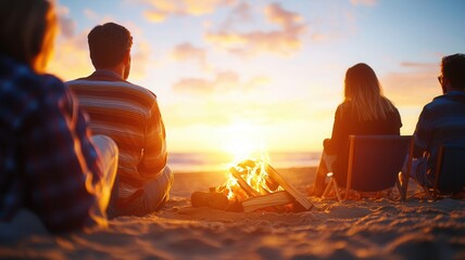 Friends sitting in camping chairs near lakeside bonfire, watching sunset over mountain landscape, sharing peaceful moment