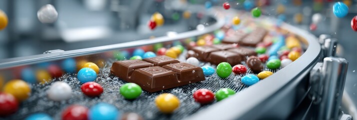 Colorful candies and chocolate bars move along a conveyor belt in a busy candy factory