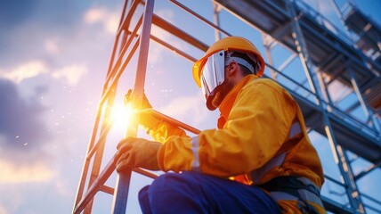 Welder wearing protective gear using welding torch on metal structure, sparks flying, with blue sky and clouds in background