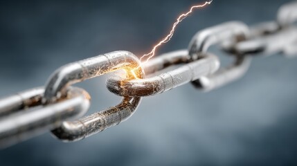 Close-up of a stressed metallic chain link with glowing lightning bolt, intense energy, shiny silver-gray texture, and blurred dark blue-gray gradient background.