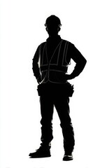 Silhouette of a construction worker in helmet and vest, standing proudly with arms on hips on a plain white backdrop.