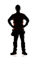 Naklejka premium Silhouette of a construction worker in helmet and vest, standing proudly with arms on hips on a plain white backdrop.