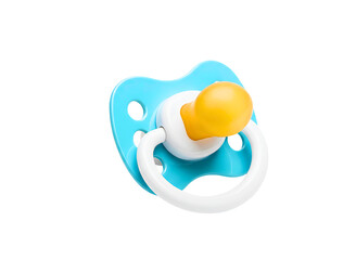 Close up of a blue baby pacifier with a yellow nipple isolated on transparent background