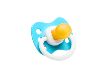 Close up of a blue baby pacifier with a yellow nipple isolated on transparent background